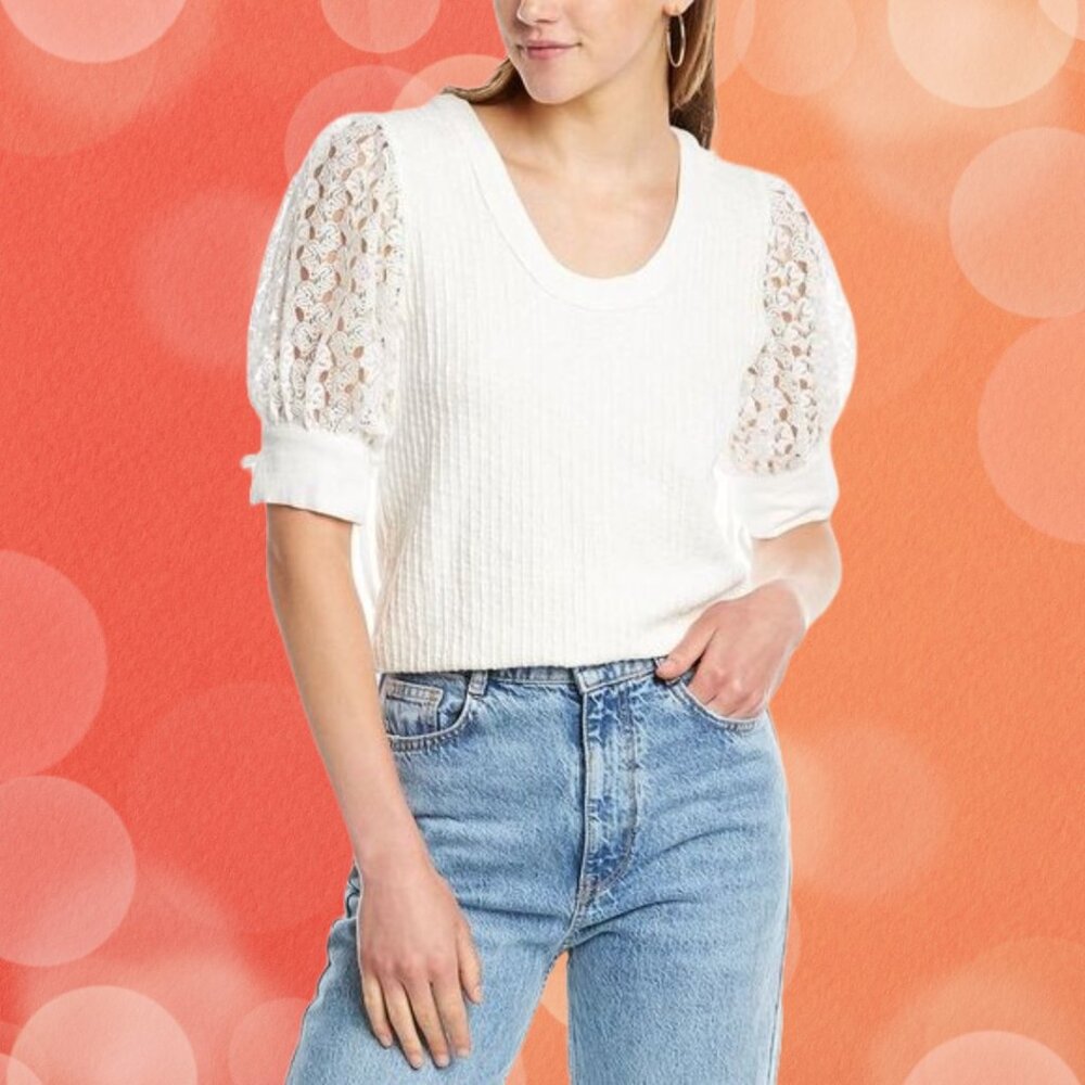 FATE - White Lace-sleeve Blouse - Size M